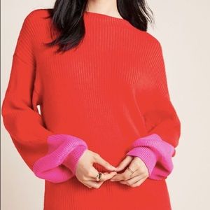 Anthropologie Line & Dot Ribbed Sydney Balloon-Sleeved Sweater in Red/Pink